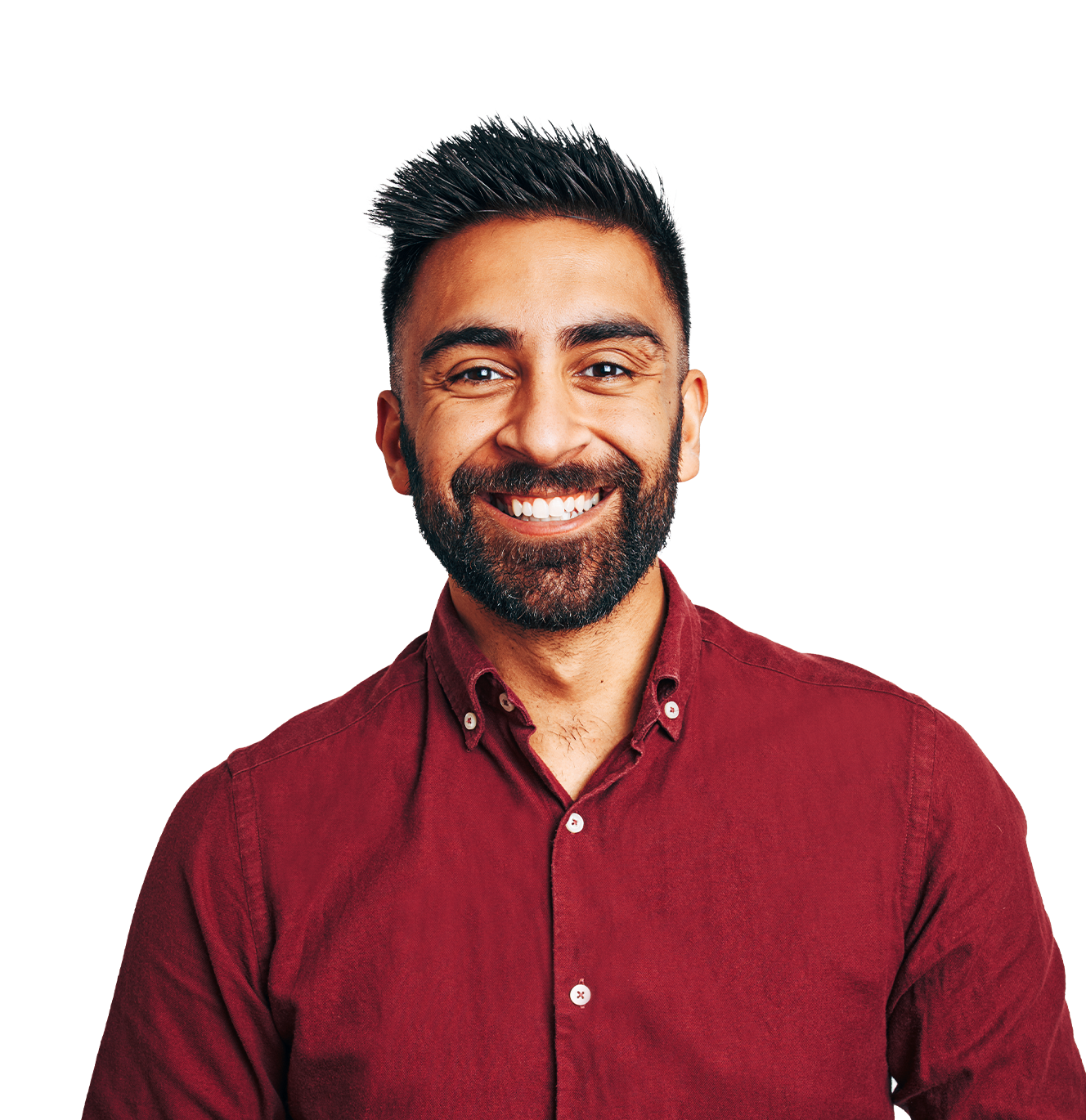 Man with beard in red shirt smiling